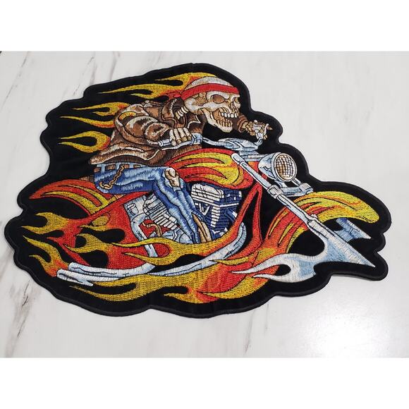 FLAMING SKELETON MOTORCYCLE RIDER EMBROIDERED IRON ON PATCH - 12" W x 9" H - Picture 1 of 6